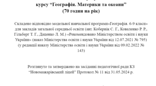 Навчальна програма та календарний план Географія 7 клас НУШ