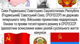 Союз Радянських/ Совєтських Соціалістичних Республік (Радянський/ Совєтський Союз, СРСР/СССР) як держава імперського типу. Військово-промислова модернізація. Тоталітарного режиму в СРСР/СССР. Ідеологічне осмислення нових реалій суспільного життя: комунізм
