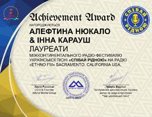  Лауреат у Міжконтинентальному Радіо-Фестивалі Української пісні в Сполучених Штатах Америки "СПІВАЙ РІДНОЮ"- на Ethno Fm Radio USA California Sacramento - 2023