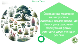 Урок на тему "Середовища мешкання вищих рослин. Адаптації вищих рослин до різних умов зростання. Формування різних життєвих форм у вищих рослин" (Конспект, презентація, робочі аркуші)