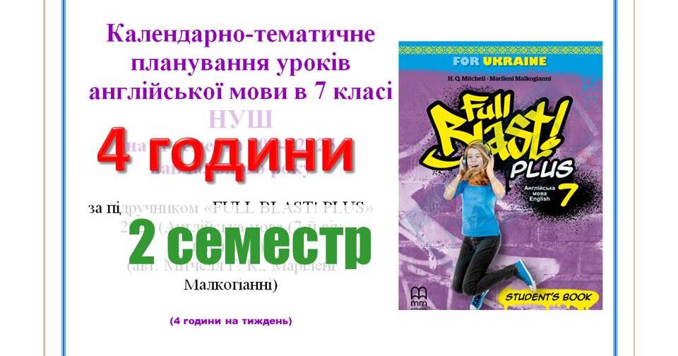 КТП уроків англійської мови в 7 класі НУШ 2024-2025 н.р. 2 семестр (4 ...