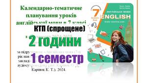 КТП (спрощене, без функцій, компетентностей, очікуваних р-ів і т.д.) англійська мова 7 клас НУШ 1 семестр (2 години) Карпюк + НАВЧАЛЬНА ПРОГРАМА (посилання в описі матеріалу)