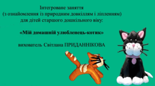 Інтегроване заняття ( ознайомлення з природним довкіллям*ліплення) для дітей старшого дошкільного віку: "МІЙ ДОМАШНІЙ УЛЮБЛЕНЕЦЬ - КІТ"