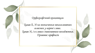 Орфографічний практикум   Букви Е, И на позначення ненаголошених голосних у корені слова.  Букви И, і в словах іншомовного походження. Правопис префіксів (7 клас НУШ за Заболотним)