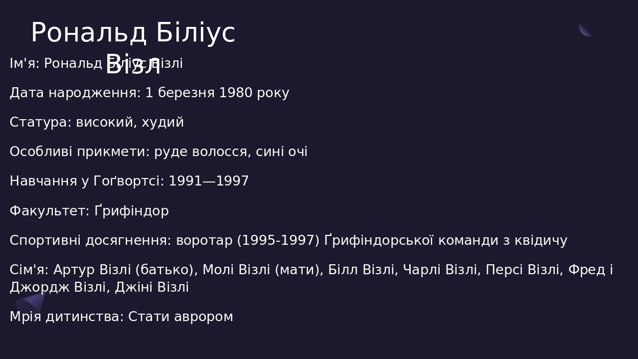 Рональд Біліус Візл Ім'я: Рональд Біліус Візлі Дата народження: 1 березня 1980 року Статура: високий, худий Особливі прикмети: руде волосся, сині о...