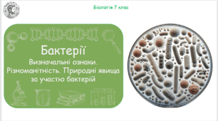 Урок на тему "Бактерії. Характерні ознаки будови, життєдіяльності і поведінки. Різноманітність. Природні явища за участю бактерій" (Конспект, презентація, робочі аркуші, практична робота)