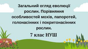 Загальний огляд еволюції рослин. Порівняння особливостей мохів, папоротей, голонасінних і покритонасінних рослин. НУШ
