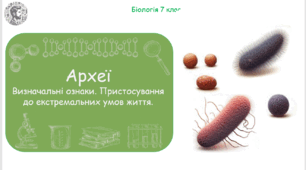 Урок на тему "Археї. Характерні ознаки будови, життєдіяльності і поведінки. Пристосування до екстремальних умов життя" (Конспект, презентація, робочі аркуші)
