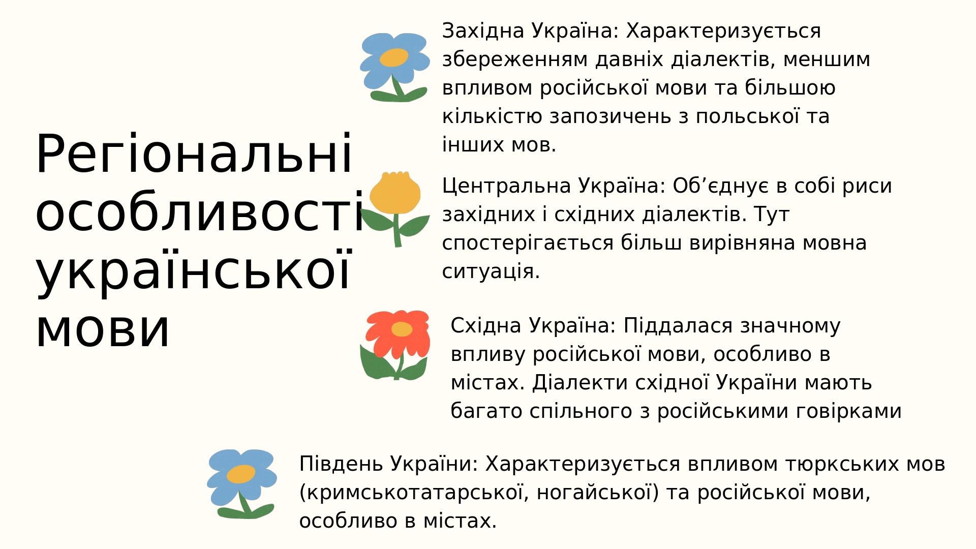 Регіональні особливості української мови Східна Україна: Піддалася значному впливу російської мови, особливо в містах. Діалекти східної України маю...