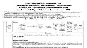 Календарно-тематичне планування до підручника Англійська мова 7 клас 2024р, 1 семестр, 3,5 год/тижд. автор О.  Карпюк К. Карпюк