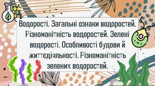 Водорості. Загальні ознаки водоростей. Різноманітність водоростей. Зелені водорості. Особливості будови й життєдіяльності. Різноманітність зелених водоростей.