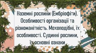 Наземні рослини (Ембріофіти). Особливості організації та різноманітність. Мохоподібні, їх особливості. Судинні рослини, їх основні ознаки
