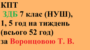 ЗБД Календарно-тематичне планування з інтегрованого курсу “Здоров'я, безпека та добробут” 7 клас (НУШ), 1, 5 год на тиждень (всього 52 год) за Воронцовою Т. В.