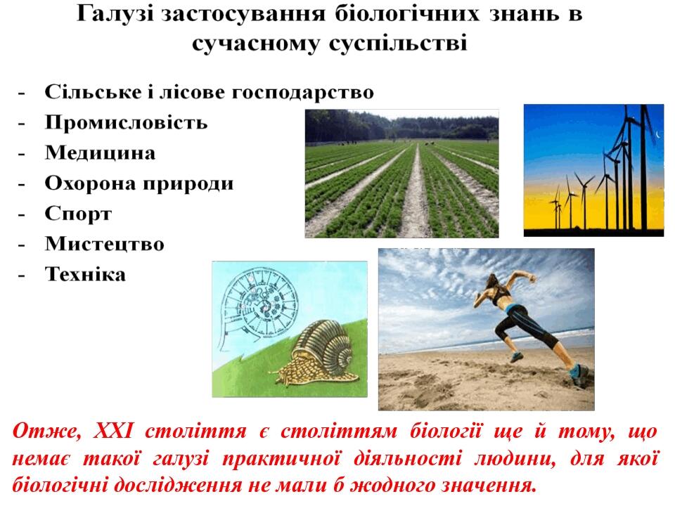 Отже, XXI століття є століттям біології ще й тому, що немає такої галузі практичної діяльності людини, для якої біологічні дослідження не мали б жо...