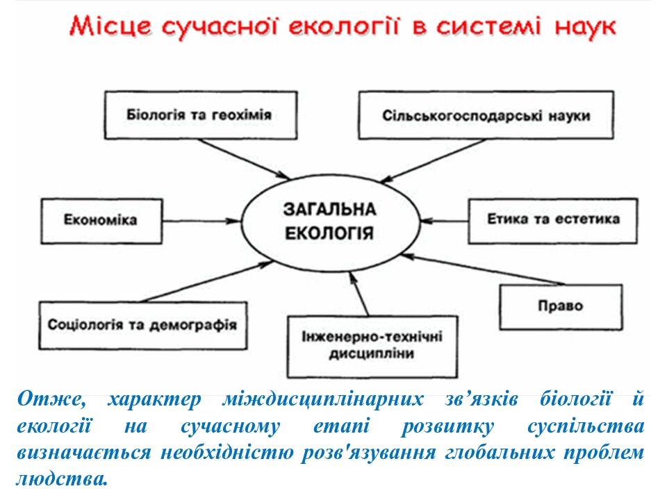 Отже, характер міждисциплінарних зв’язків біології й екології на сучасному етапі розвитку суспільства визначається необхідністю розв'язування глоба...