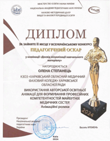  Диплом за ІІ місце у Всеукраїнському конкурсі ПЕДАГОГІЧНИЙ ОСКАР - 2024 у номінації "Досвід візуалізації навчального матеріалу"