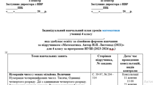 Індивідуальний навчальний план уроків математики учня 4 класу