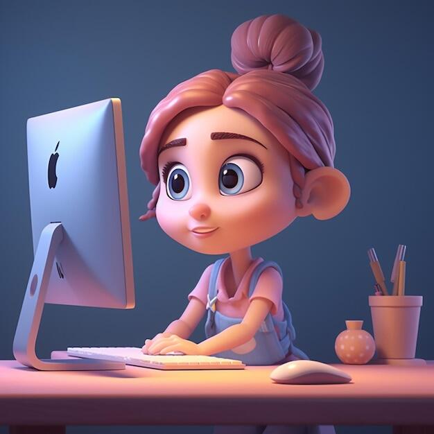 Personaje de niña 3d trabajando con computadoras | Imagen Premium generada con IA