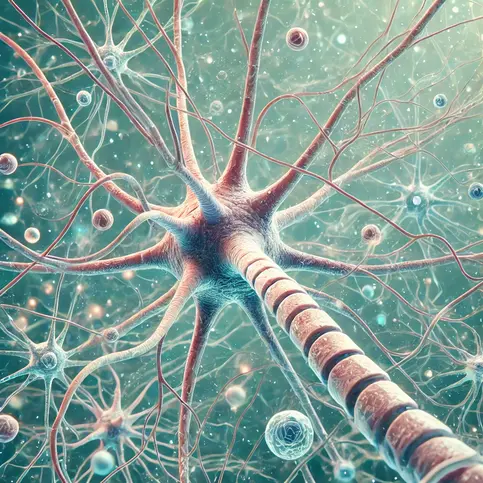 A detailed illustration of human nervous tissue, showing neurons with long dendrites and axons, synapses connecting neurons, and glial cells. The image should depict the complex network of nerve fibers, showcasing the structure of neurons with their cell bodies, dendrites, and axons, emphasizing the intricate web-like connections. Include some background to represent the nervous system's environment, with a focus on the realistic and educational representation suitable for a biology lesson.