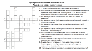 Кросворд 7 клас НУШ "Циркуляція атмосфери і повітряні маси. Атмосферні опади на материках"