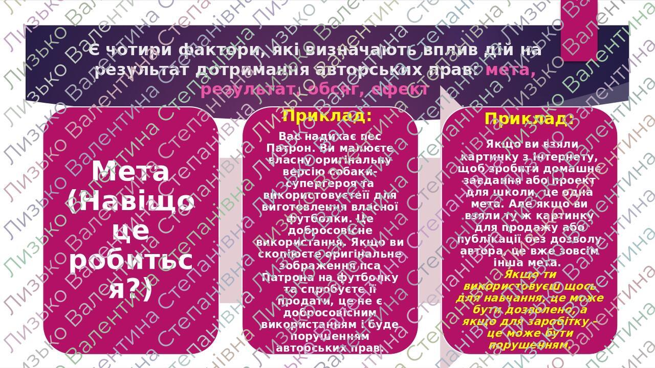 Є чотири фактори, які визначають вплив дій на результат дотримання авторських прав: мета, результат, обсяг, ефект