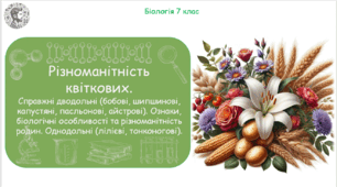 Урок на тему "Різноманітність квіткових. Справжні дводольні (бобові, шипшинові, капустяні, пасльонові, айстрові). Ознаки, біологічні особливості та різноманітність родин. Однодольні (лілієві, тонконогові)" (Конспект, презентація, робочі аркуші)