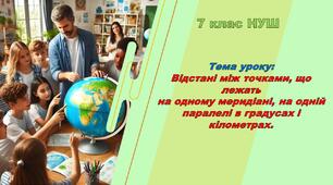 Презентація до уроку з географії: Відстані між точками, що лежать на одному меридіані, на одній паралелі в градусах і кілометрах. 7 клас НУШ