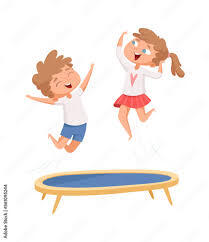 Trampoline jumping. Children sport games. Happy cartoon kids have fun. Isolated boy girl playing vector illustration. Girl and boy jump on trampoline Векторне зображення Stock | Adobe Stock