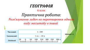 6 клас. Практична робота	Розв’язування задач на визначення масштабу карт, переведення одного виду масштабу в інший. НУШ.