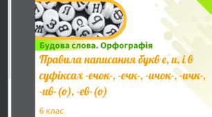 Презентація до уроку української мови "Правила написання букв е, и, і в суфіксах -ечок-, -ечк-, -ичок-, -ичк-, -ив-(о), -ев-(о)". 6 клас НУШ