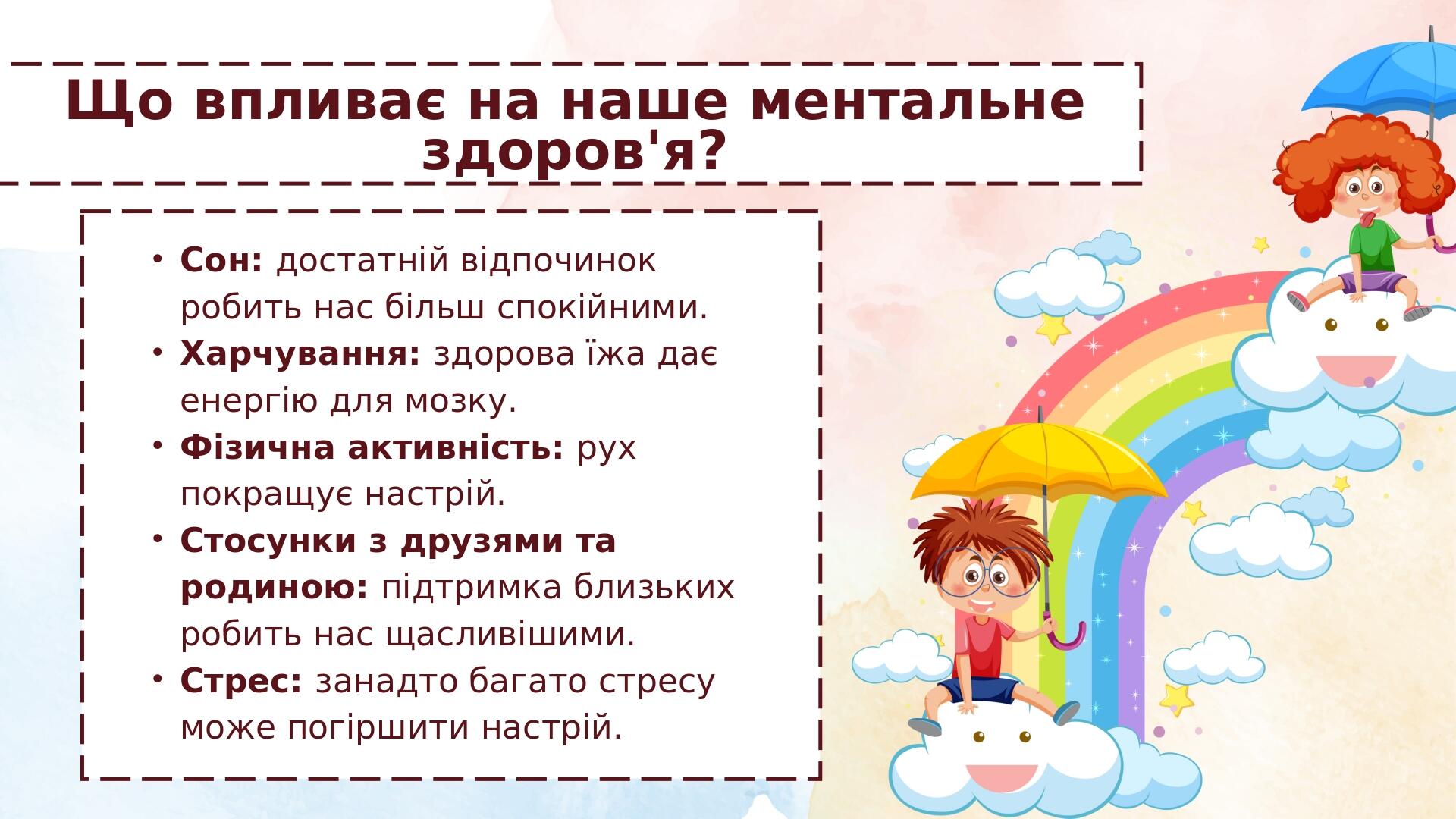Що впливає на наше ментальне здоров'я? Сон: достатній відпочинок робить нас більш спокійними. Харчування: здорова їжа дає енергію для мозку. Фізичн...