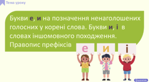 Букви е, и на позначення ненаголошених голосних у корені слова. Букви и, і  в словах іншомовного походження. Правопис префіксів