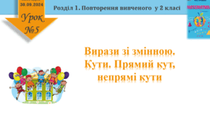 Урок математики 3 клас "Вирази зі змінною. Кути. Прямий кут, непрямі кути"