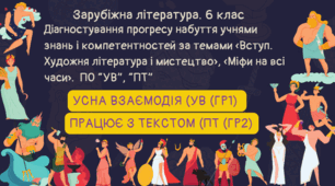 НУШ. Діагностування прогресу набуття учнями знань і компетентностей за темами «Вступ. Художня література і мистецтво», «Міфи на всі часи». ПО “УВ”, “ПТ” (за підручником О.Ніколенко "Зарубіжна література". 6 кл.)