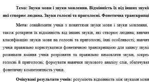 План-конспект "Звуки мови і звуки мовлення. Відмінність їх від інших звуків, які створює людина. Звуки голосні та приголосні. Фонетична транскрипція"