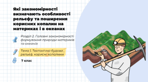 Презентація на тему: "Які закономірності визначають особливості рельєфу та поширення корисних копалин на материках і в океанах", 7 клас НУШ