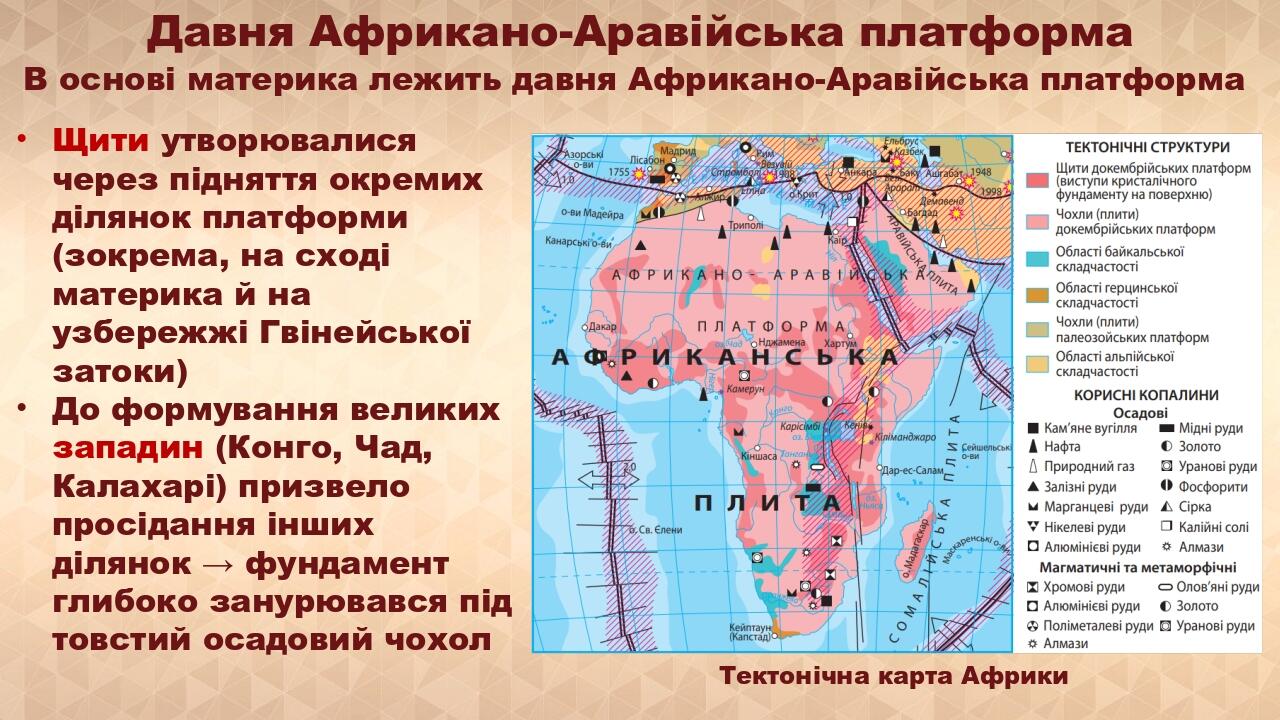 Давня Африкано-Аравійська платформа Щити утворювалися через підняття окремих ділянок платформи (зокрема, на сході материка й на узбережжі Гвінейськ...