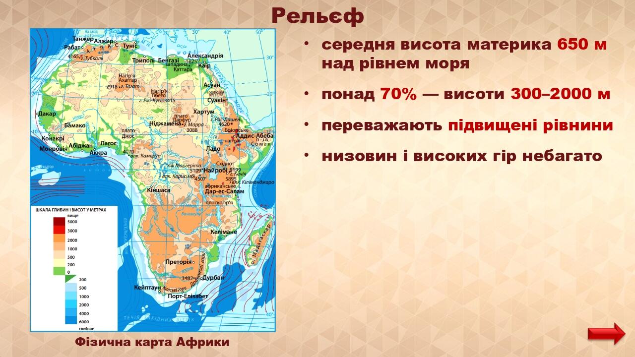 Рельєф середня висота материка 650 м над рівнем моря понад 70% — висоти 300–2000 м переважають підвищені рівнини низовин і високих гір небагато Фіз...
