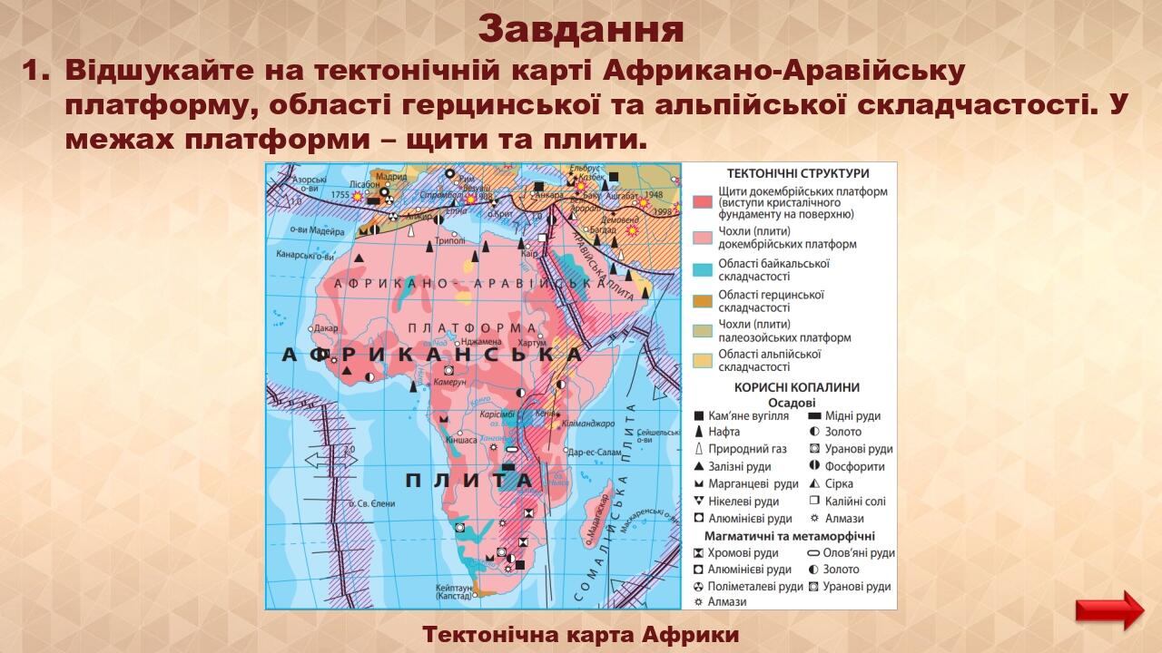 Завдання Відшукайте на тектонічній карті Африкано-Аравійську платформу, області герцинської та альпійської складчастості. У межах платформи – щити ...