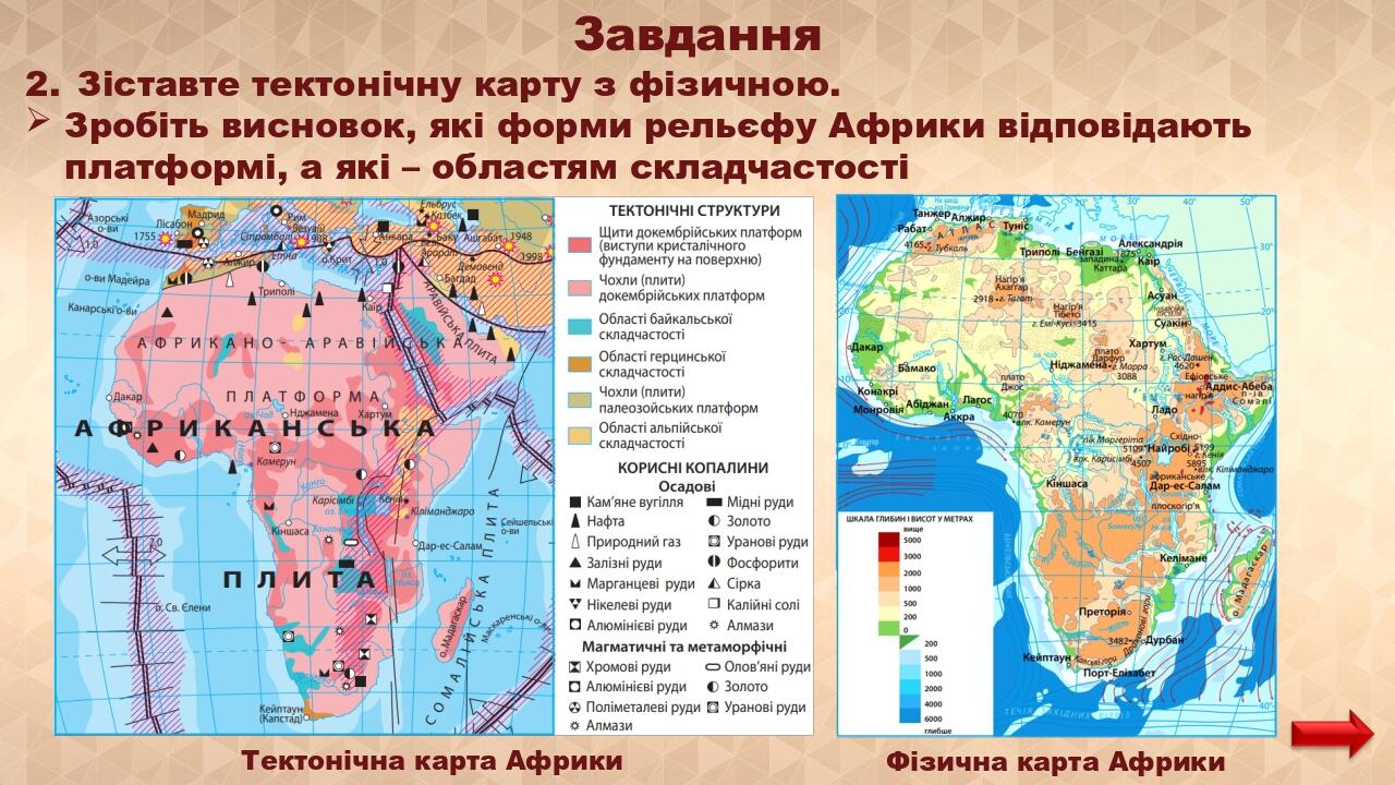 Завдання Зіставте тектонічну карту з фізичною. Зробіть висновок, які форми рельєфу Африки відповідають платформі, а які – областям складчастості Фі...