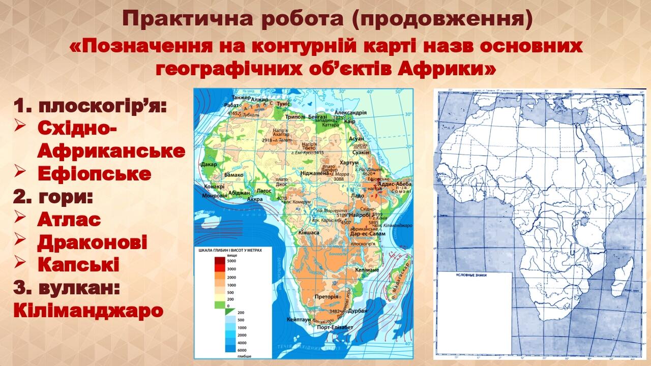 Практична робота (продовження) «Позначення на контурній карті назв основних географічних об’єктів Африки» 1. плоскогір’я: Східно-Африканське Ефіопс...