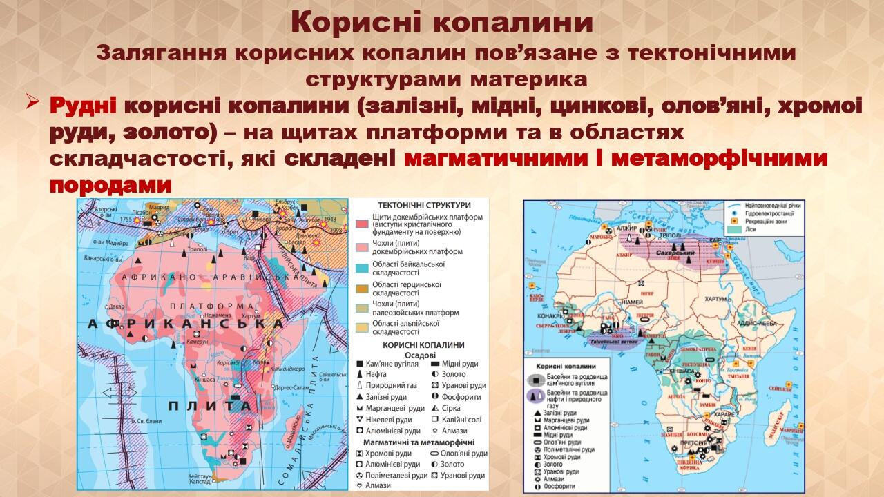 Корисні копалини Залягання корисних копалин пов’язане з тектонічними структурами материка Рудні корисні копалини (залізні, мідні, цинкові, олов’яні...