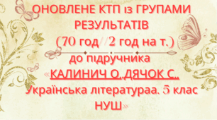 Оновлене КТП із ГРУПАМИ РЕЗУЛЬТАТІВ"Українська література 5 кл."КАЛИНИЧ О.,ДЯЧОК С..  (70 год / 2 год на тиждень)