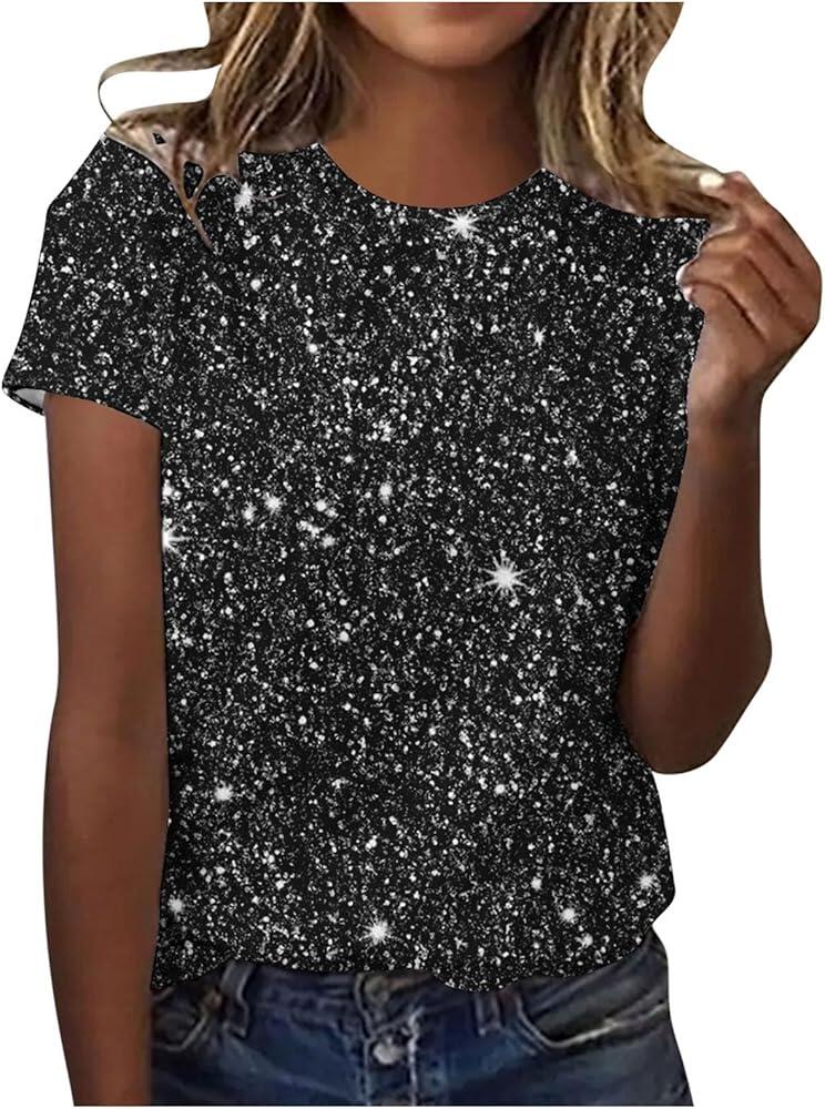 Women's Sparkly Sequin Print Tops Summer Casual Short Sleeve Crewneck Shirt Shimmer Glitter Tees Party T-Shirt Blouse