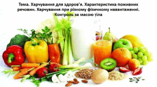 Основи здоров'я, 9 клас. Презентація "Харчування для здоров’я. Характеристика поживних речовин. Харчування при різному фізичному навантаженні. Контроль за масою тіла"