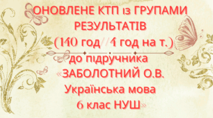 Оновлене КТП із ГРУПАМИ РЕЗУЛЬТАТІВ "Українська мова 6 кл." ЗАБОЛОТНИЙ О. В. та ін. (140 год / 4 год на тиждень)