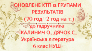 Оновлене КТП із ГРУПАМИ РЕЗУЛЬТАТІВ"Українська література 6 кл."КАЛИНИЧ О.,ДЯЧОК С.. (70 год / 2 год на тиждень)