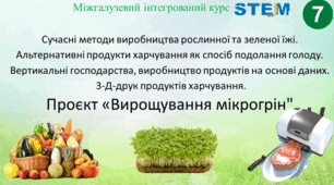 Сучасні методи виробництва рослинної та зеленої їжі. Альтернативні продукти харчування як спосіб подолання голоду. Вертикальні господарства, виробництво продуктів на основі даних. 3-Д-друк продуктів харчування. Проєкт «Вирощування мікрогрін"