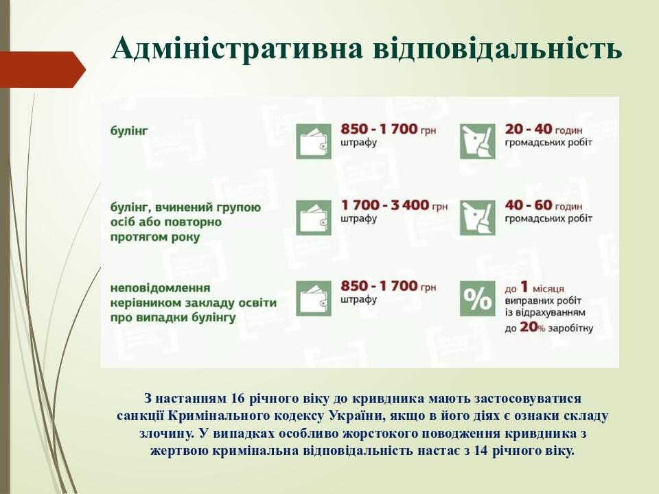 Адміністративна відповідальність З настанням 16 річного віку до кривдника мають застосовуватися санкції Кримінального кодексу України, якщо в його ...