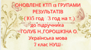 Оновлене КТП із ГРУПАМИ РЕЗУЛЬТАТІВ "Українська мова 7 кл. ГОЛУБ Н.,ГОРОШКІНА О.(105 год / 3 год на тиждень)